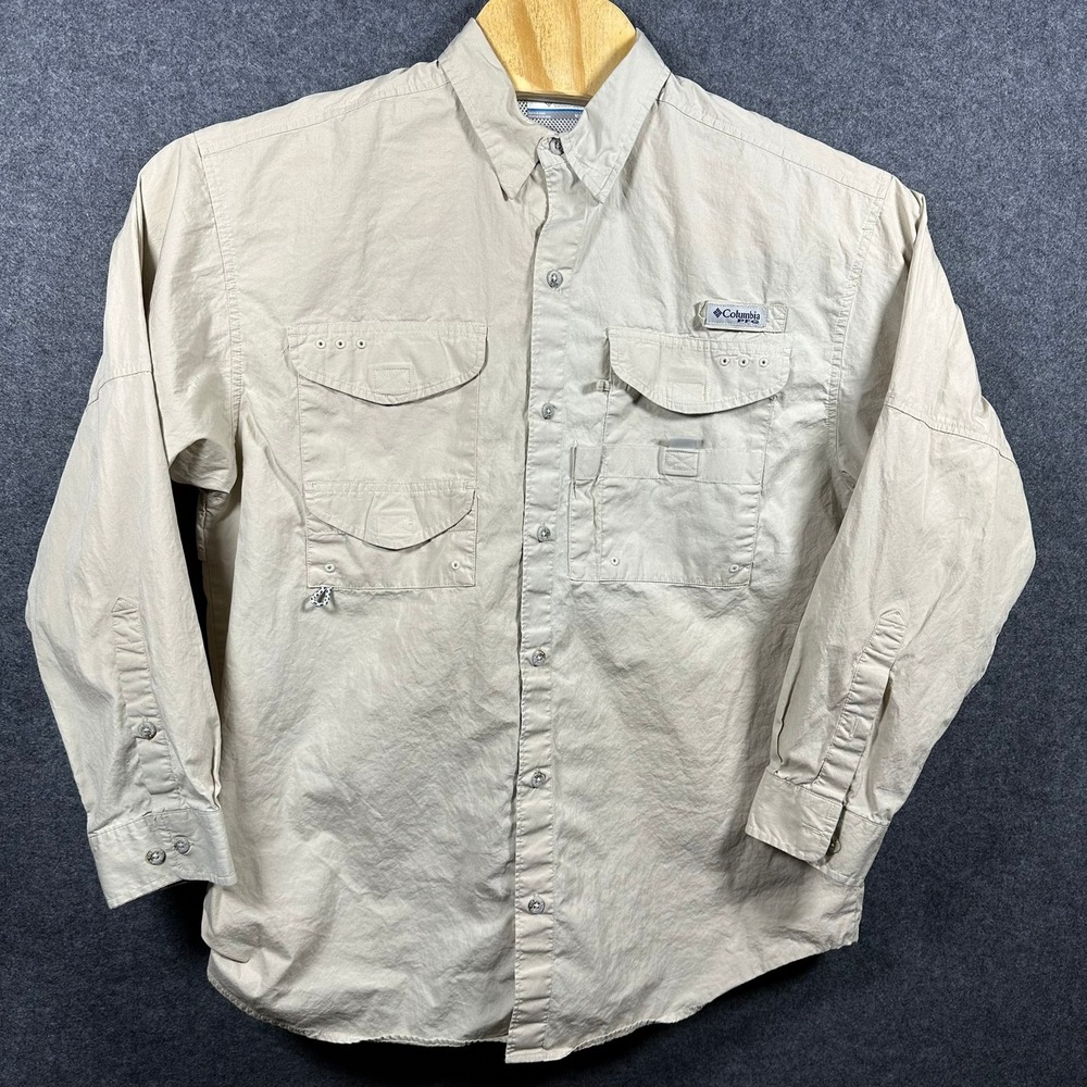 Columbia PFG Mens Medium Tan Khaki Long Sleeve Vented Fishing Shirt Button Up